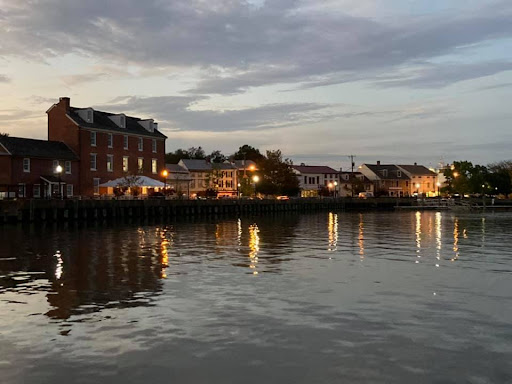 Delaware City waterfront buildings reflected in the Branch Canal